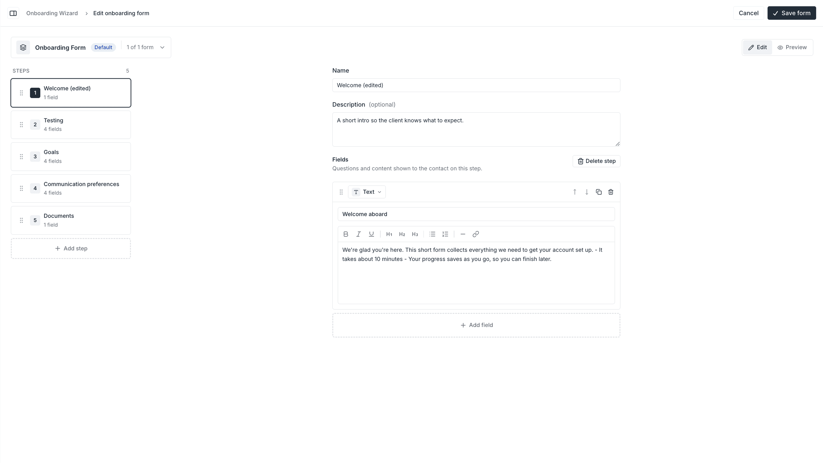 Client onboarding screenshot