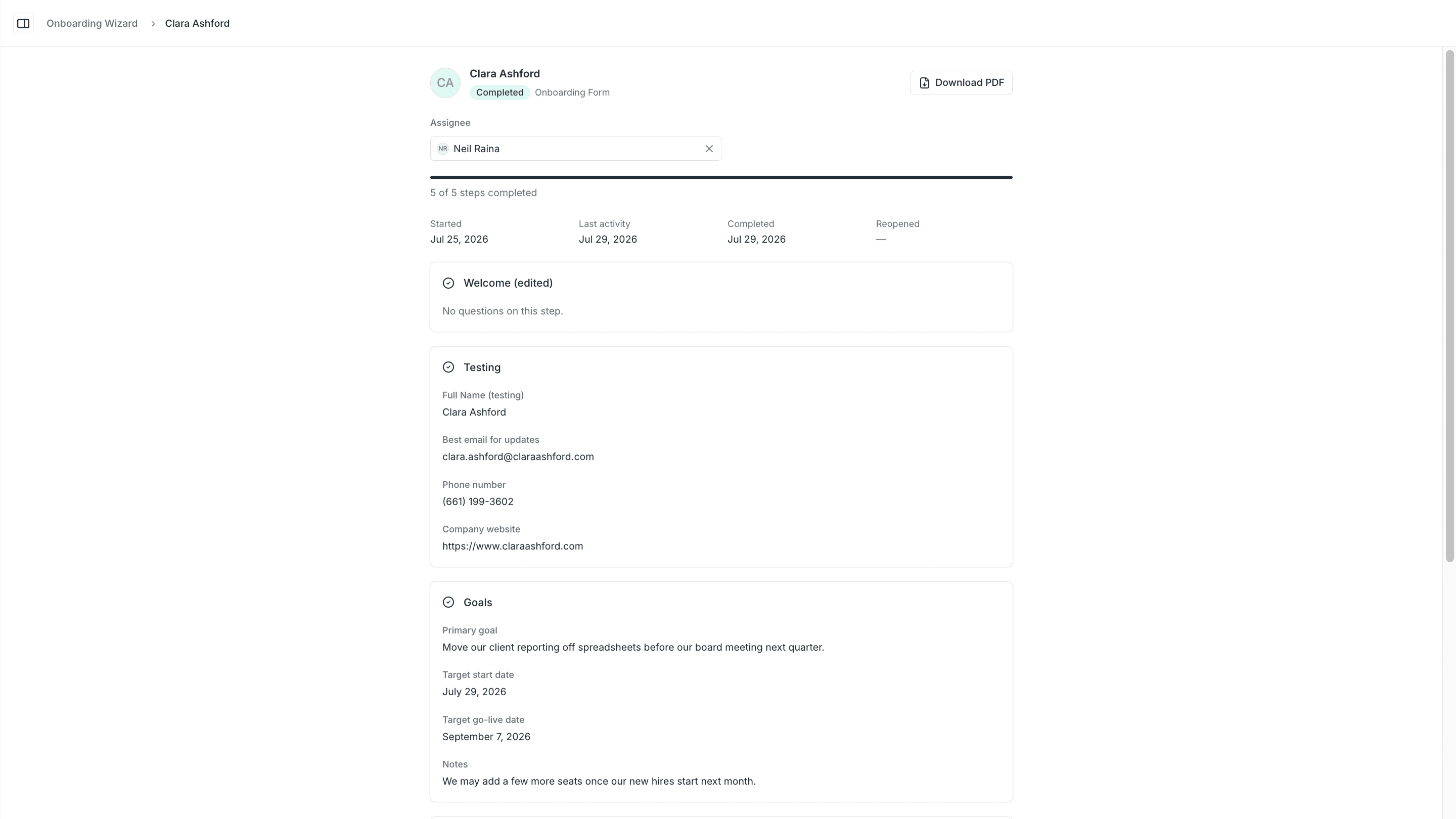 Client onboarding screenshot